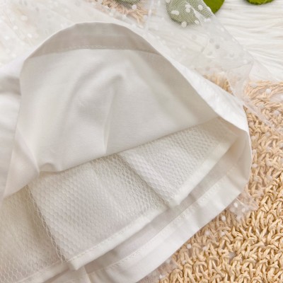 Vestido Manga Curta em Tule Poá com Lacinhos - Off White